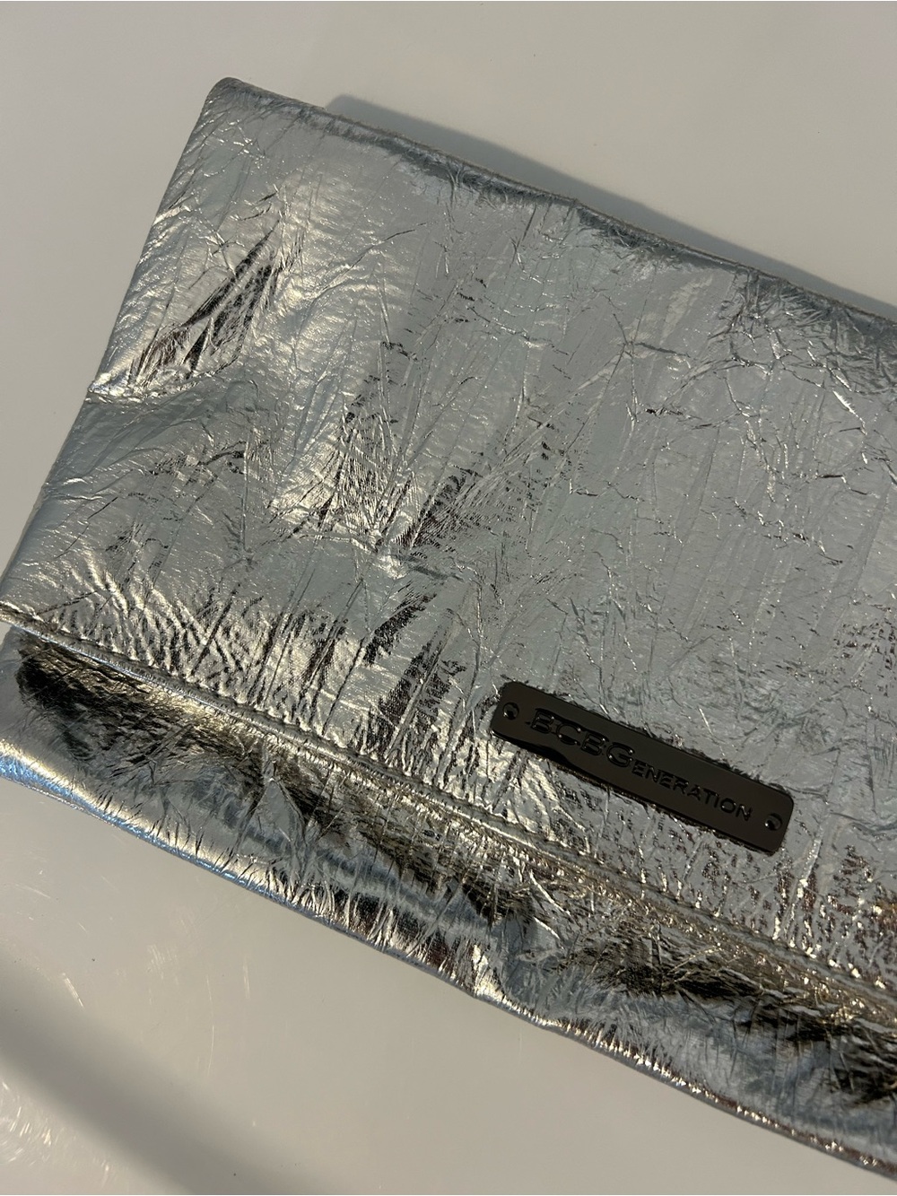 BCBGeneration Silver Metallic Foldover Clutch Night Out Evening Bag